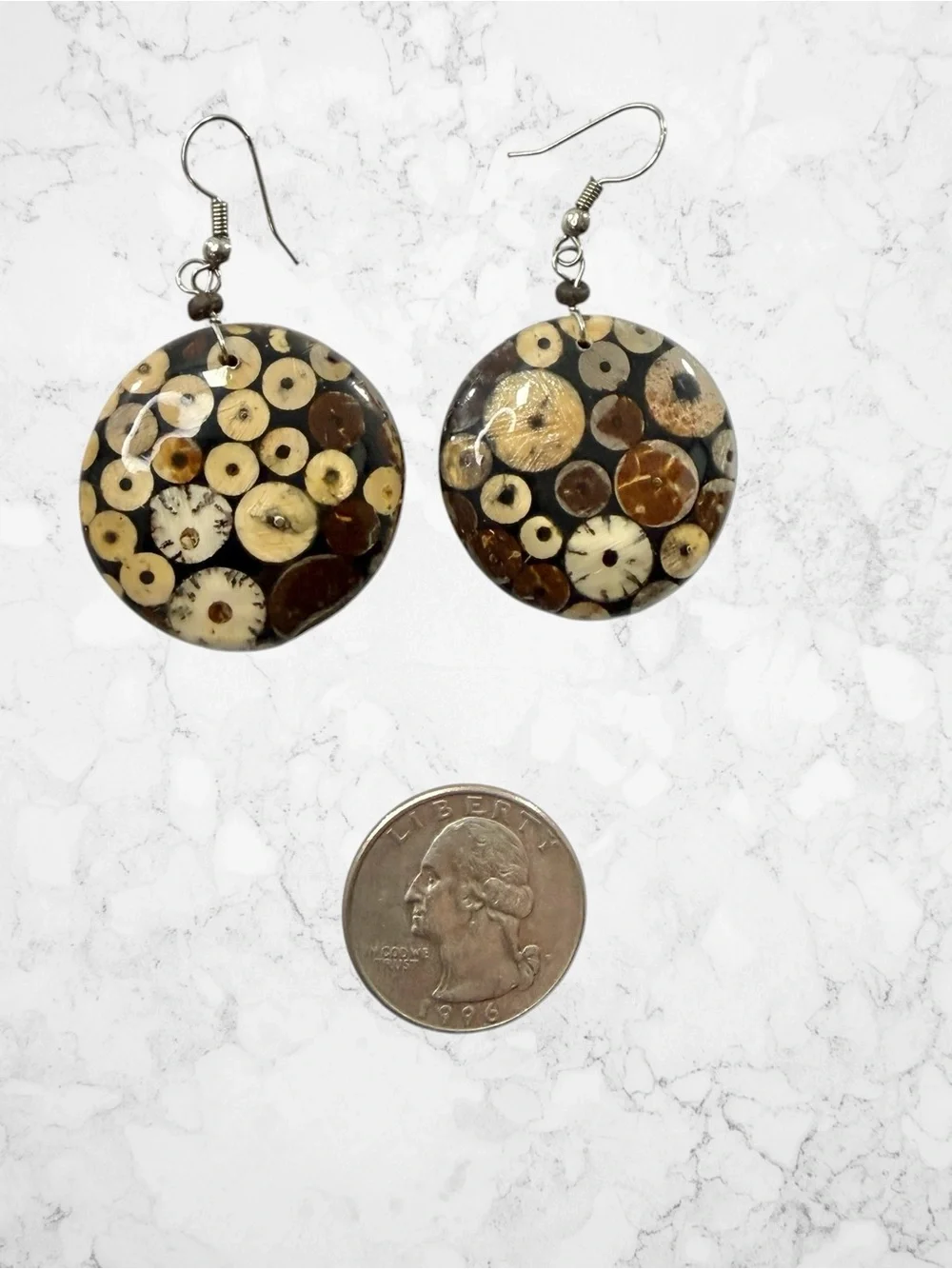 Round Mosaic Coconut Shell Brown Beige Disc Hook Earrings Boho Tribal Native